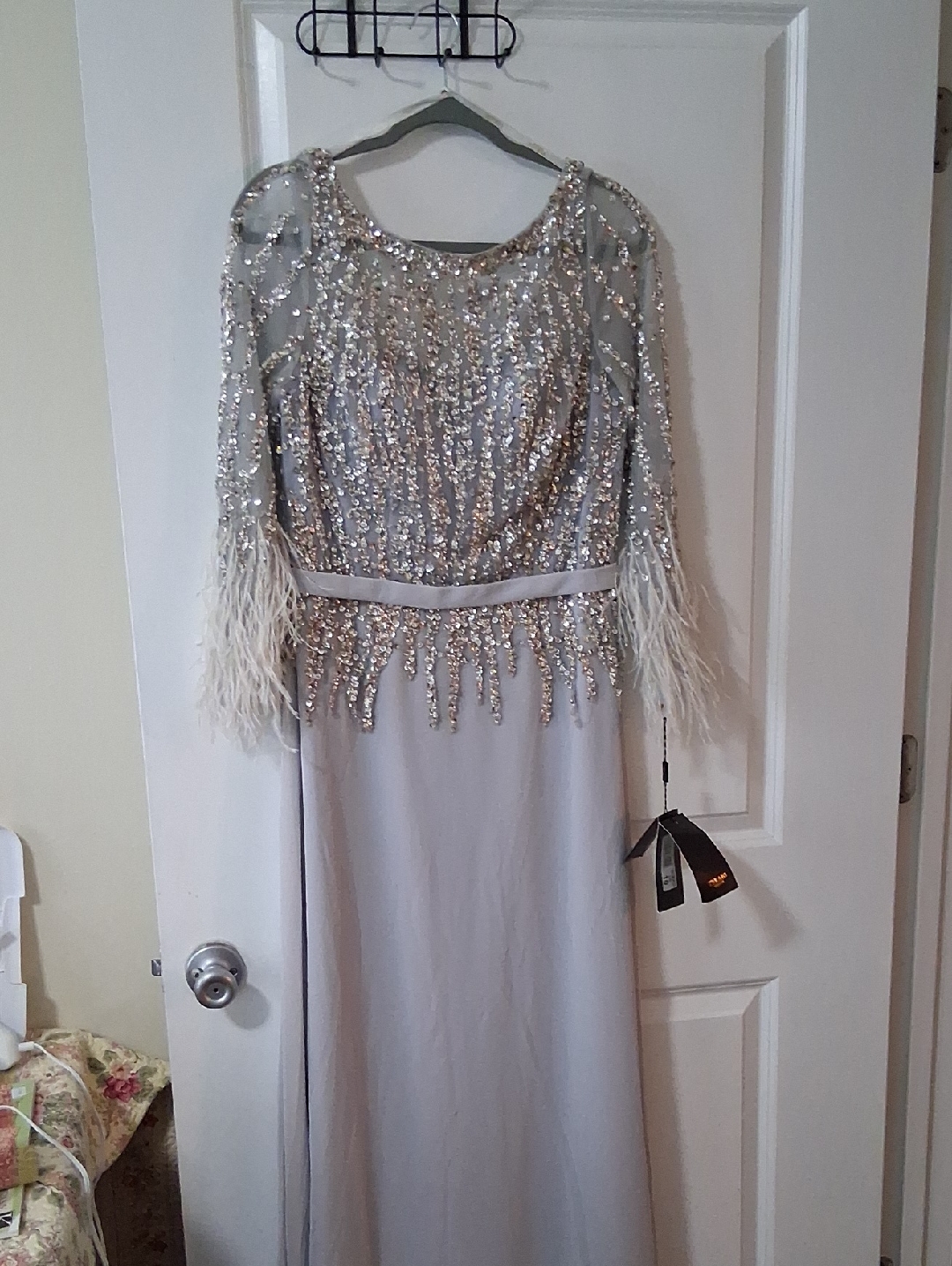 Terani Couture Silver Sequin & Feather Long Sleeve Evening Gown